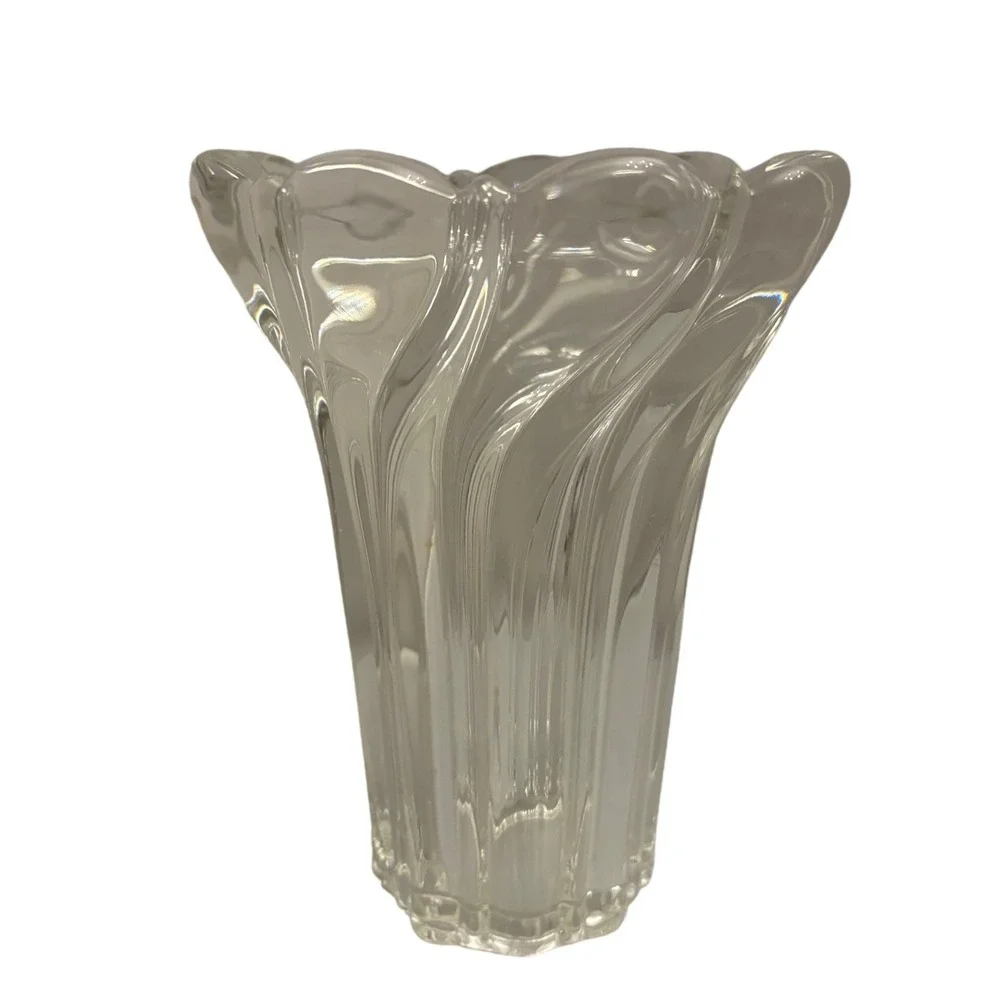 1990s Mikasa Clear Glass Swirl Vase Fluted‎ Petal Top Heavy Mid Century Modern